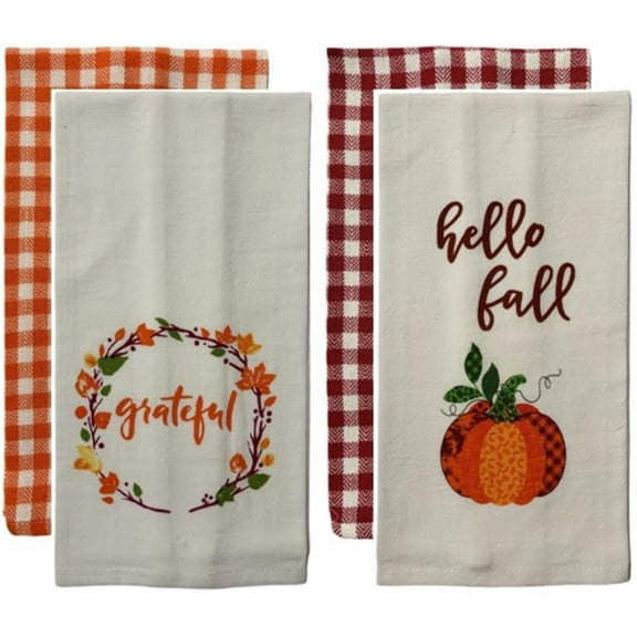 Set of 4, Fall Wreath with Grateful and Pumpkin with Hello Fall - Harvest Flour Sack Kitchen Towels with Gingham Check Kitchen Towels Size : 15" x 25".