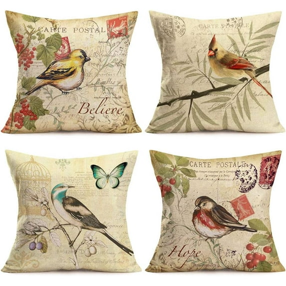 Set of 4 Farmhouse Decor Vintage Bird Standing On A Branch Accent Decorative Throw Pillow Case Cotton Linen Carte Postal Style Pillow Covers for Sofa Couch Decor 18x18 Inches (Carte Postal)
