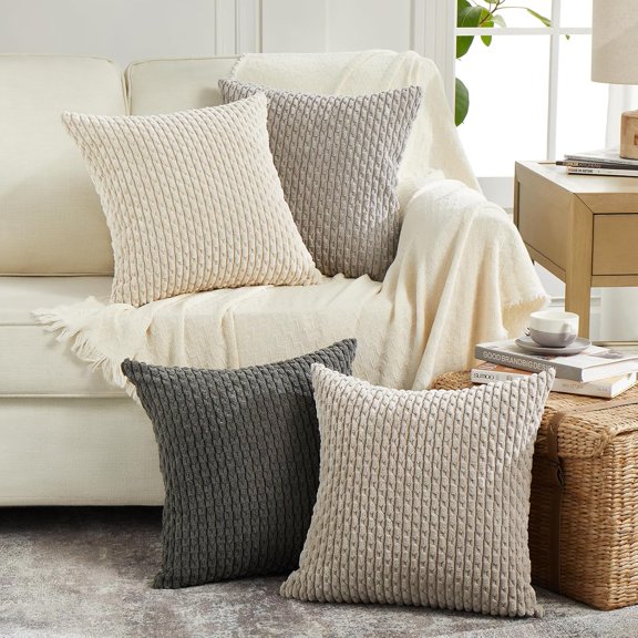 MY  Set of 4 Farmhouse Neutral Decorative Throw Pillow Covers 18x18 Inch for Couch Bed Sofa Bedroom, Modern Boho Home Decor, Soft Fluffy Textured Corduroy Cute Grey Series Cushion Case 45x45 cm