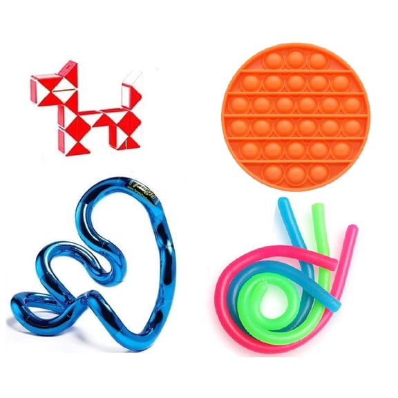 Set of 4 Fidget Stress Relievers Sensory Relaxation Anxiety Relief Fidget Pack with Tangle Jr. Metallic ,Twist Fidget Snake Cube, Bubble Popper, 3 Stretchy String