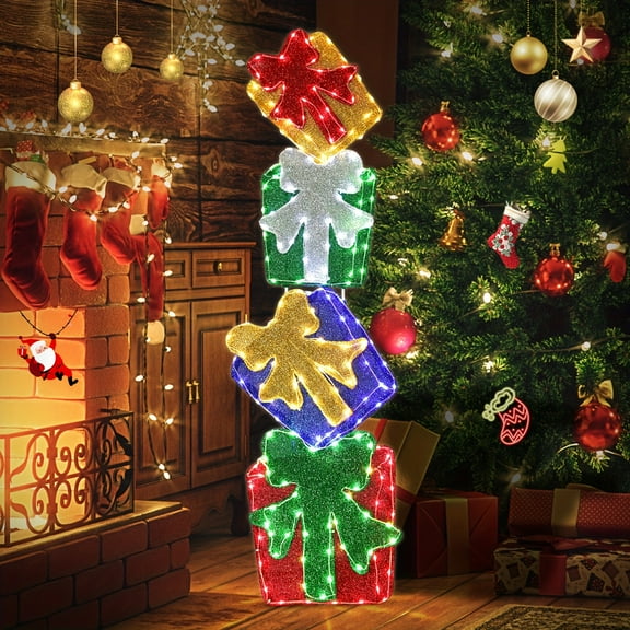 Set of 4 Flat Stacking Christmas Light Gift Boxes, 40" Tall - 2D Light Christmas Boxes with 200 Built-In Leds And Bows - Indoor/Outdoor Plug-In Holiday Yard Displays, Indoor/Outdoor Yard Holiday Deco