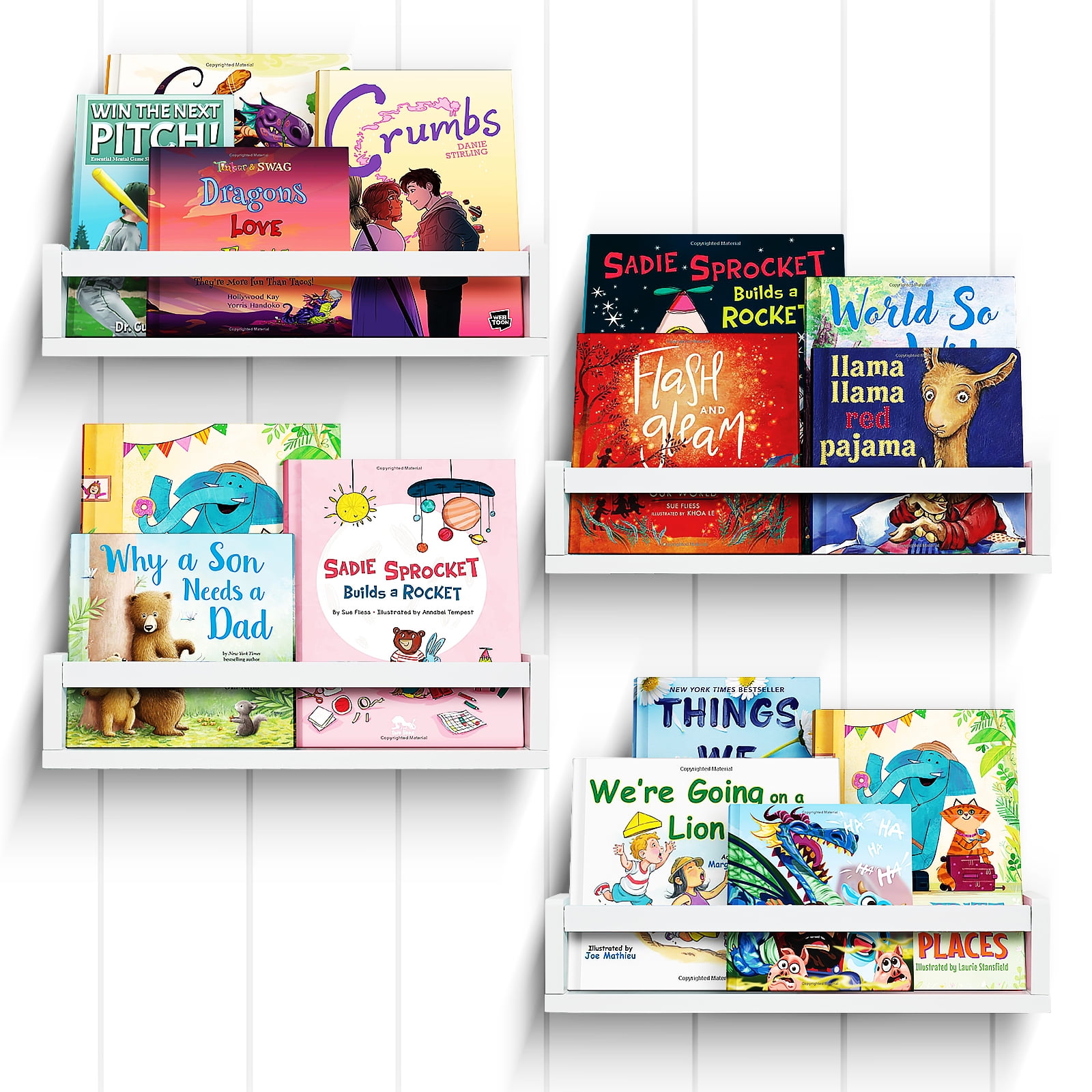 Set of 4 Floating Book Shelves for Wall, White Nursery Book