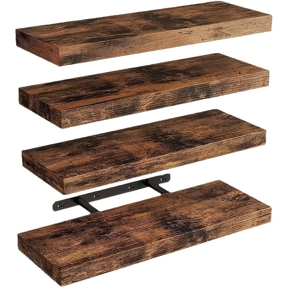 Set of 4 Floating Wall Shelves, 15.8-Inch Brown Wall Mounted Shelves with Hidden Brackets, Rustic Storage and Display Shelves for Bathroom, Bedroom, Living Room, Kitchen and Office
