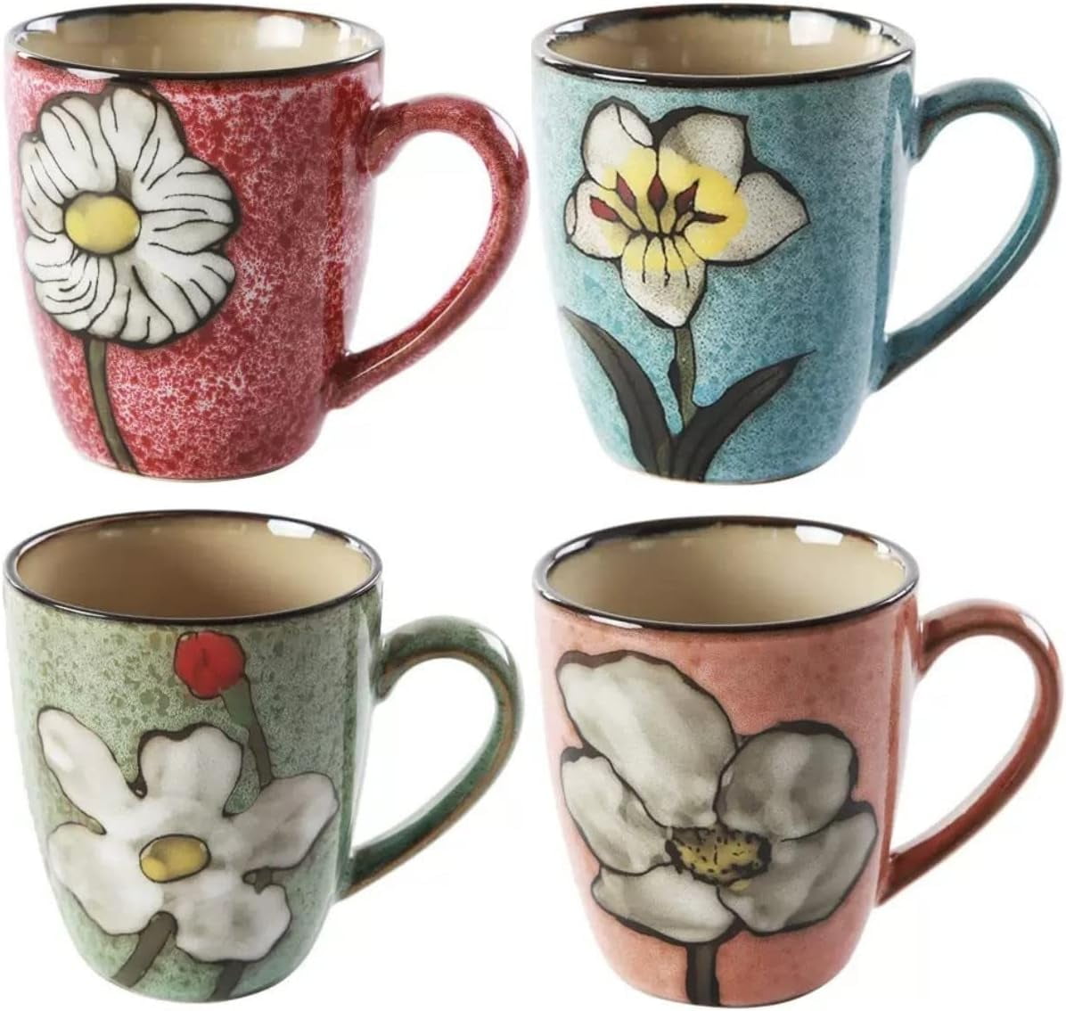 Set of 4 Floral Ceramic Coffee Mugs, 12oz - Handcrafted Kiln Glazed Mugs, Microwave & Dishwasher Safe, for Cappuccino, Tea, Latte & Espresso, Multicolor