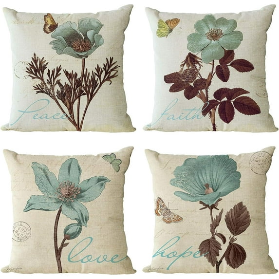 Set of 4 Floral Decorative Throw Pillow Covers 18x18 Inch Plant Pillow Covers Lotus Leaf Linen Square Pillow Cases Flower Outdoor Sofa Couch Home Bed Decor Cushion Covers (18 by 18)