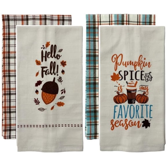 Pumpkin Spice is My Favorite Season, Hello Fall! with acron, Flour Sack and Plaid Kitchen Towels Size: 15" x 25".