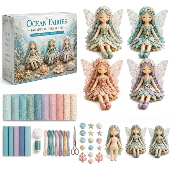 Set of 4 Flower Fairies Patchwork DIY Craft Kit, Make Your Own Fabric Fairy Doll Sewing Set with Step-by-Step Guide, Premium Floral Art Decor & Screen-Free Handcraft Gift (Ocean Fairies)