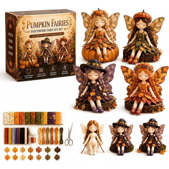 Set of 4 Flower Fairies Patchwork DIY Craft Kit, Make Your Own Fabric Fairy Doll Sewing Set with Step-by-Step Guide, Premium Floral Art Decor & Screen-Free Handcraft Gift (Pumpkin Fairies)