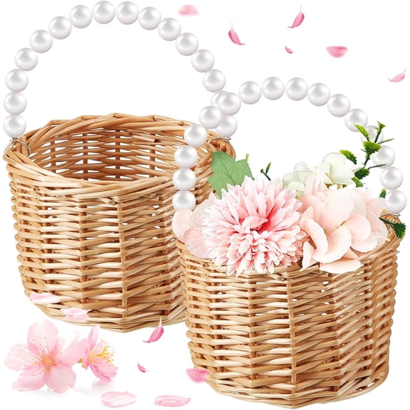 Set of 4 Flower Girl Basket Wicker Rattan Woven Storage Basket with Pearl Handles Woven Eggs Candy Storage for Wedding Home Garden Valentines Day Decoration