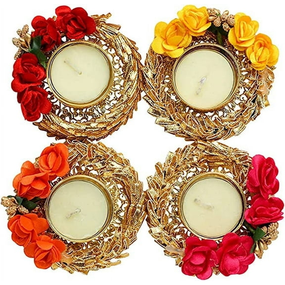 Set of 4 Flower T Light Holder Candle Stand Tealight T-Light Holders for Christmas Decorations New year Gifts Festival Lighting Accessories Wedding Home Decor(Without Wax)(Size:-3")(Colorful)