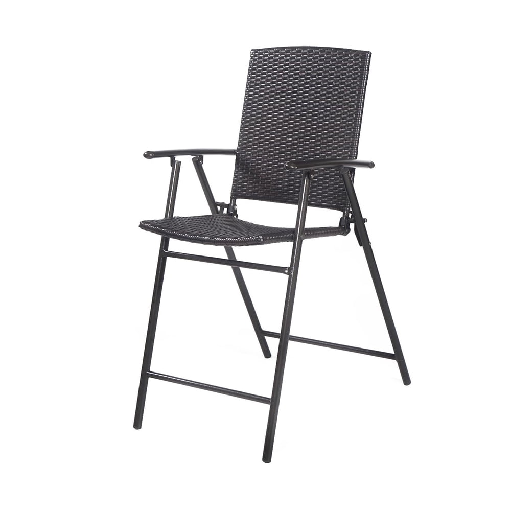 Set Of 4 Folding Wicker Bar Chairs – Tall Stools With Back, Armrests & Footrest