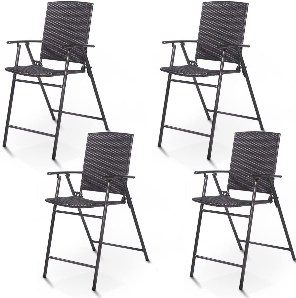 Set of 4 Folding Wicker Rattan Chairs High Stool with Back Steel Frame