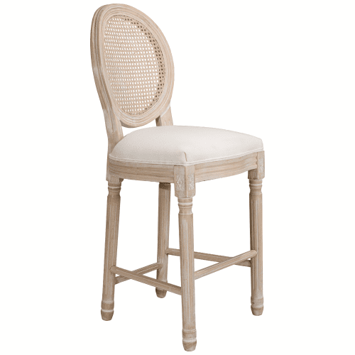 Set of 4 French Country Bar Height Bar Stools, Round Rattan Cane Back, Upholstered Fabric Seat, Distressed Solid Wood Frame, Vintage Carved Wooden Bar Stools for Home Bar & High Top Table, Beige