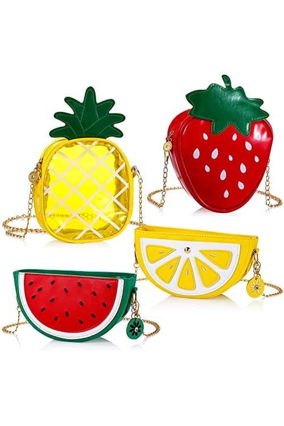 Set of 4 Fruit Shoulder Bag Lemon Watermelon Shape Shoulder Bag Pineapple Strawberry Crossbody Purse Bag Cute Novelty Fruit Shoulder Mini Bag Purse Wallet for Women Gift