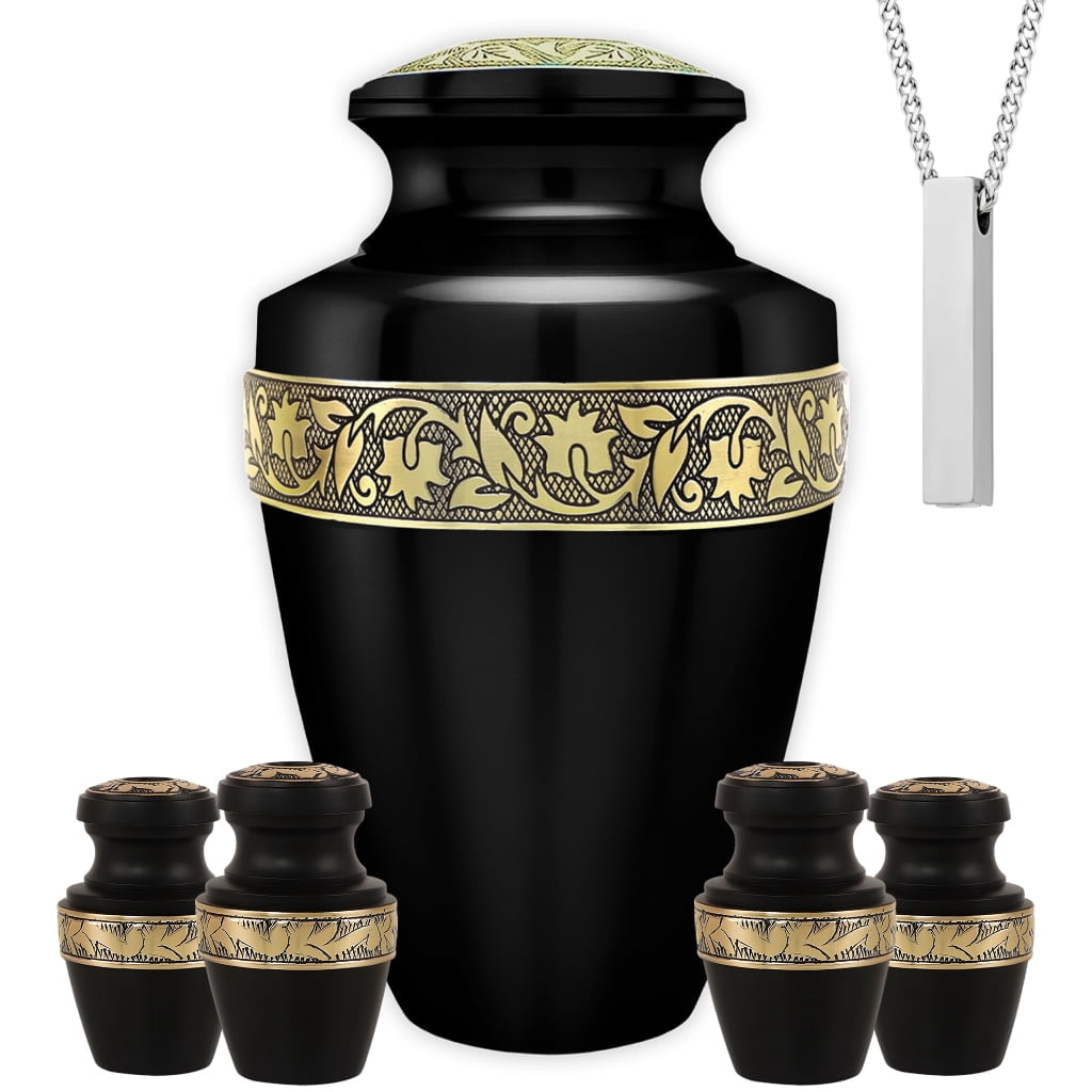 Black Aluminum Cremation Urn Set – 6-Piece Memorial Collection with Large Adult Cremation Urn and Mini Keepsake Urns for Human Ashes, Handcrafted Tribute