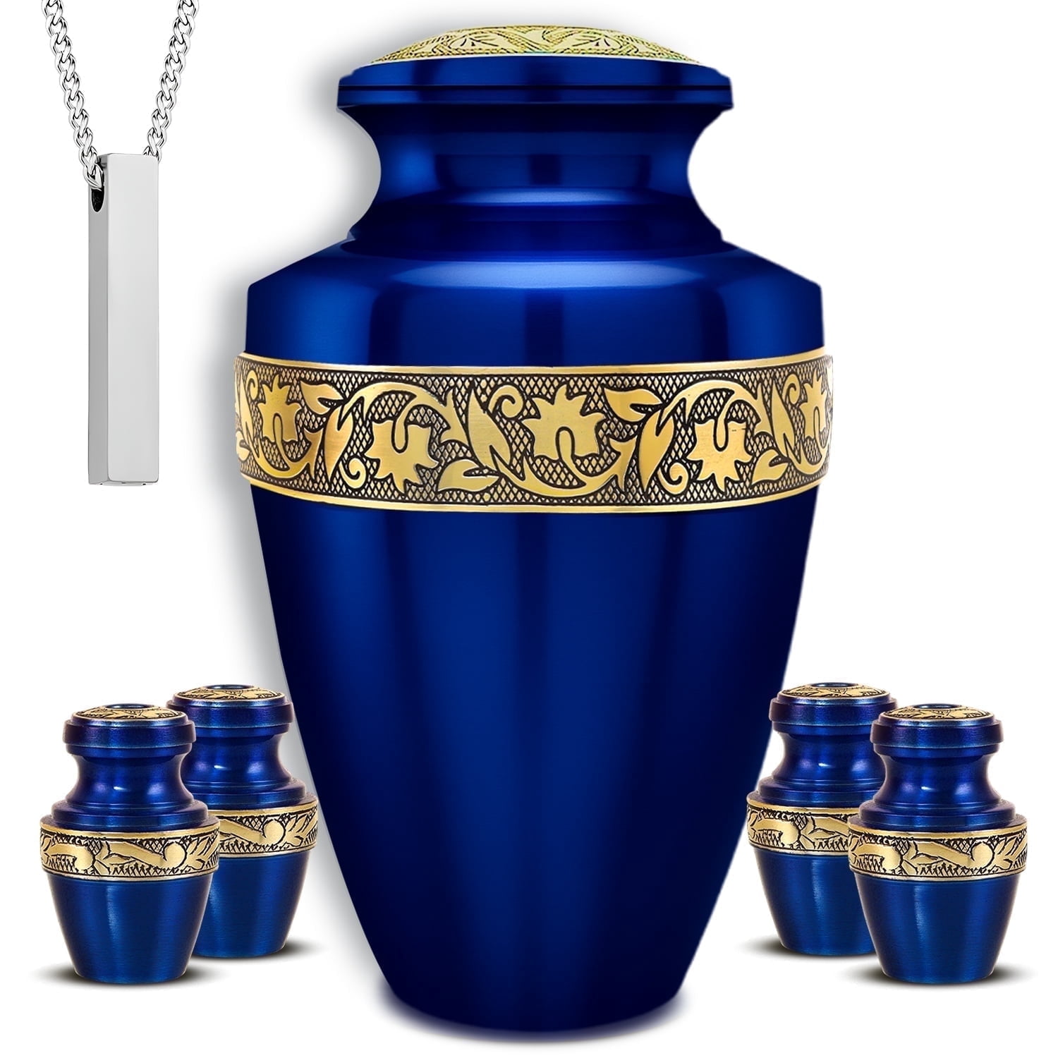 Set of 6 Blue Cremation Urns for Ashes – 1 Large, 4 Mini & 1 Necklace Urn | Handcrafted Aluminum Memorial Tribute | Urn for Ashes
