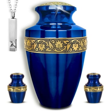 Set of 4 Funeral & Cremation Urn for Ashes Adult Male & Female with 1 Large Grecian Blue Decorative Urn for Human Ashes Adult Man 2 Small Keepsakes & 1 NecklaceUrn - Handcrafted in India