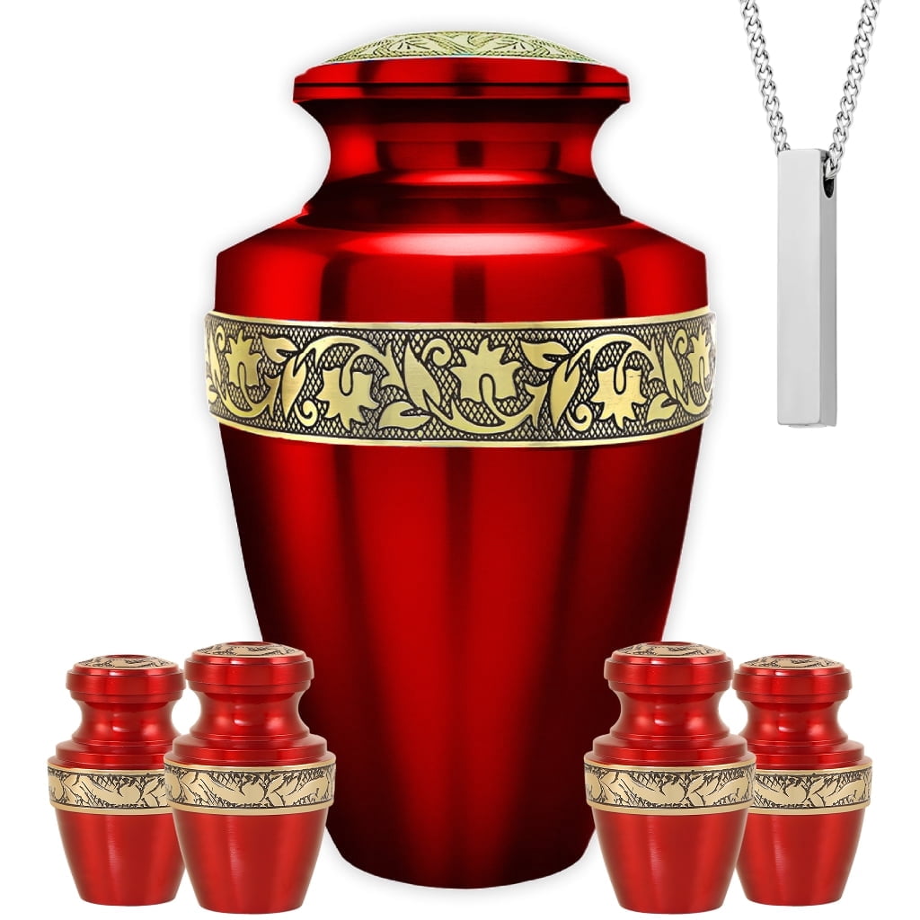 Set of 6 Red Decorative Urn for Ashes – 1 Large Adult Cremation Urn, 4 Mini Keepsake Urns & 1 Necklace Urn, Handcrafted Aluminum Memorial Tribute