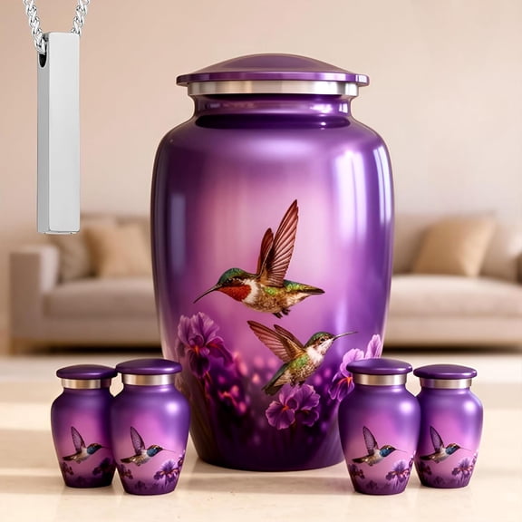 AMERICURN Set of 6 Purple Cremation & Burial Urns – 1 Large Hummingbird Urn, 4 Keepsake Urns & 1 Necklace Urn for Ashes – Handcrafted in India, Ceramic Material