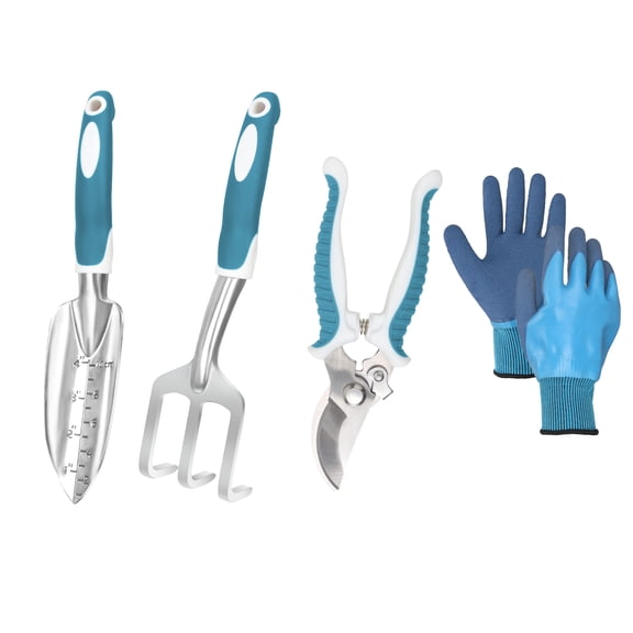 Set of 4 Garden Tool, ZUEXT Heavy-Duty Aluminum Gardening Hand Tools with Rubber Non-Slip Handle, Gloves, Garden Hand Tools Starter Kit Landscaping Tools Gift for Mom Women Plant Lover, Blue
