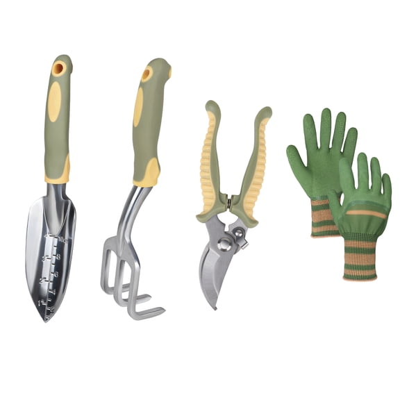 Set of 4 Garden Tool, ZUEXT Heavy-Duty Aluminum Gardening Hand Tools with Rubber Non-Slip Handle, Gloves, Garden Hand Tools Starter Kit Landscaping Tools Gift for Mom Women Plant Lover, Green