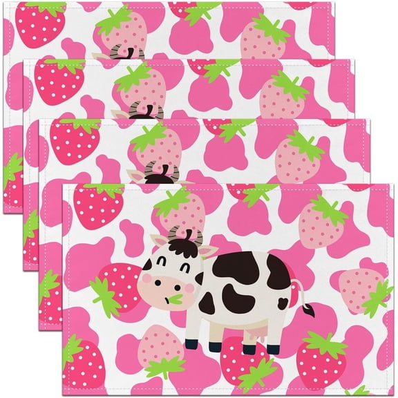 Set of 4 Girls Pink Milk Cow Table Mats 12x18 Inch,Strawberry Place Mats,Bull Cattle Cowhide Placemats,Farm Animals Waterproof Placemats for Kitchen Table for Kids,Wipeable Anti Slip