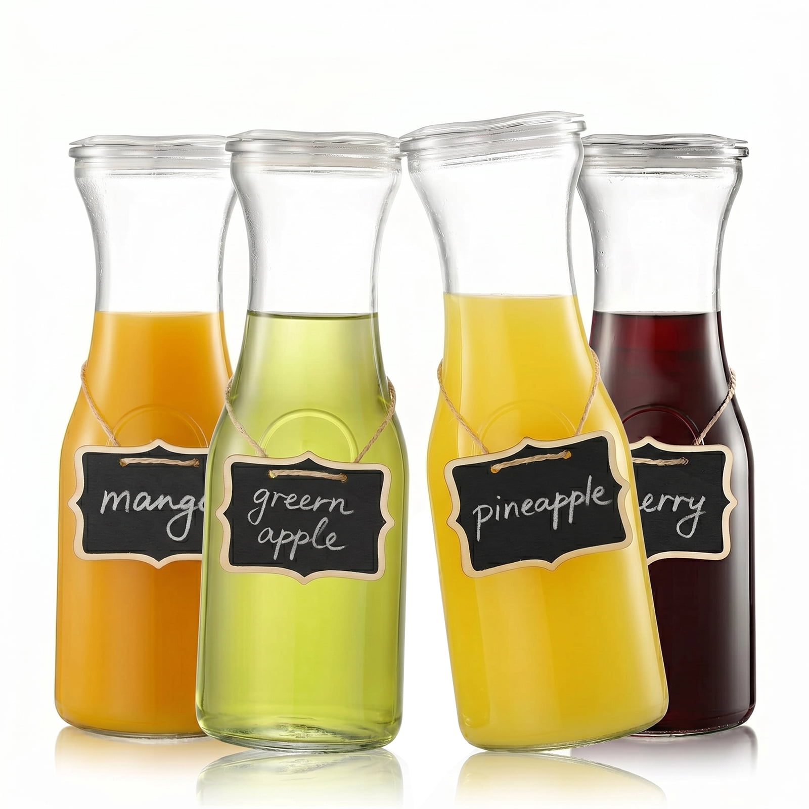 Set of 4 Glass Carafe with Lids, 1 Liter Glass Pitcher with Lid for Water, Juice, Iced Tea, Lemonade and Mimosa Bar, Clear Glass Water Bottles and Beverage Pitcher for Fridge