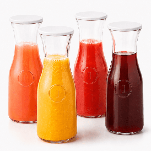 Set of 4 Glass Carafes with Lids, 1 Liter Glass Pitcher with Lid, Clear Glass Water Pitcher and Juice Pitcher for Fridge, Water Carafe and Iced Tea, Lemonade