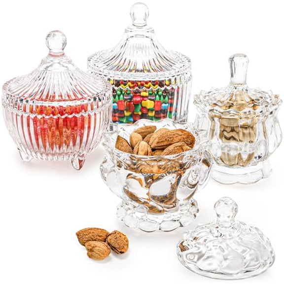 Set of 4 Glass Candy Dish with Lid, Crystal Decorative Candy Bowl, Cookie Jar, Jewelry Dish, Small Glass Covered Jars for Buffet, Kitchen, Home, Office Desk