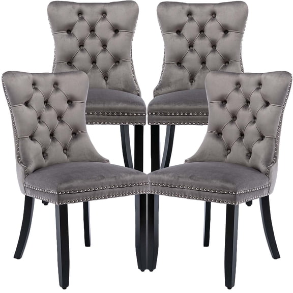 Set of 4 Gray Velvet Dining Chairs - Mid-Century Modern Tufted Upholstered Chairs with Solid Rubberwood Legs, Nailhead Trim & Non-Slip Foot Caps for Dining/Kitchen (Sillas De Comedor)