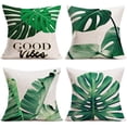 thumbnail image 1 of Set of 4 Green Leaf Decorative Pillow Covers Tropical Banana Palm Leaves Good Vibes Words Throw Pillow Case Summer Home Backyard Decor Cotton Linen 18x18 Inch Pillowcases Cushion Cover, 1 of 6