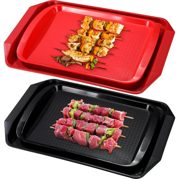 Set of 4 Grill Prep Trays 17x12 Inch 14x10 Inch Large Grill Tray for Cooking Meat Thawing Tray BBQ Serving Plastic Platter, Black Red Stackable Defrosting Grill Prep and Carry System