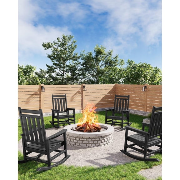 Set of 4 HDPE Outdoor Rocking Chairs, Poly High Back Porch Rockers for Adults, All-Weather Resistant Leisure Furniture Ideal for Patio and Front Porch, Black