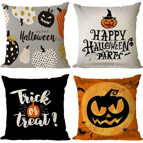 Set of 4 Halloween Pillow Covers 18x18 Inch Trick or Treat Pumpkin Decor Throw Pillow Covers Black Halloween Cushion Covers Linen Square Pillow Cases for Home Outdoor Sofa Couch (18 by 18)