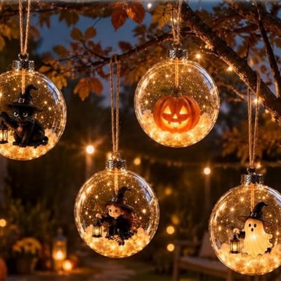 Set of 4 Halloween Tree Decorations, Hanging Glow Sphere Ornaments – Witch Ghost Pumpkin Black Cat Figurine Inside Clear Balls, Handmade Lighted Baubles For Halloween Tree, Indoor Decorations