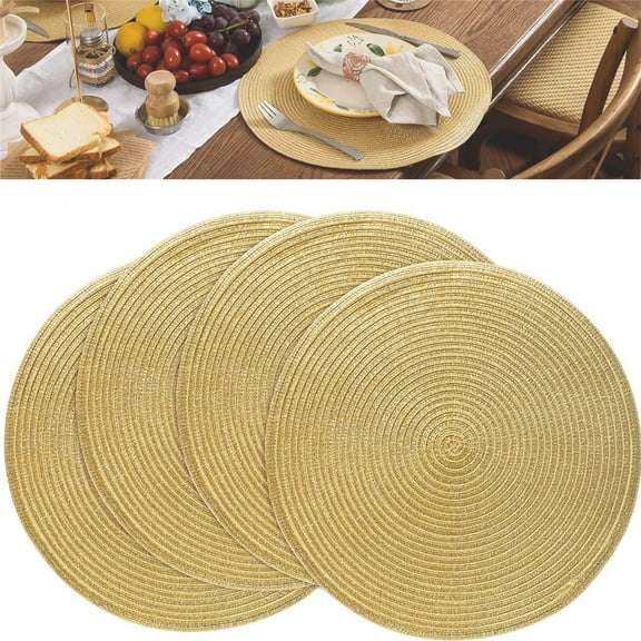 Set of 4 Hand Woven Place Mats,Round Insulation Mat,Washable Anti-Skid Pads,Non-Slip Braided Placemats,Heat Resistant Table Pads,for Home Kitchen Dining Meeting Party Gold
