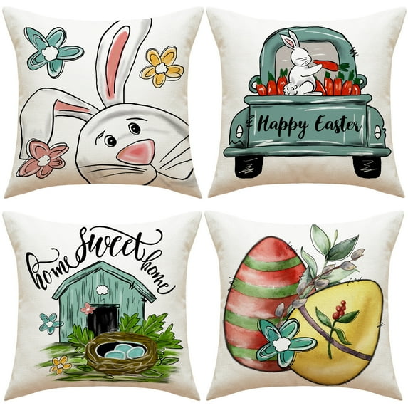 Set of 4 Happy Easter Bunny Throw Pillow Covers 18"x18", Cotton Linen Vintage Pillow Cushion Case for Spring Sofa Couch Home Indoor Outdoor Office Rabbit Carrot Truck Spring Easter Decor, Style 1