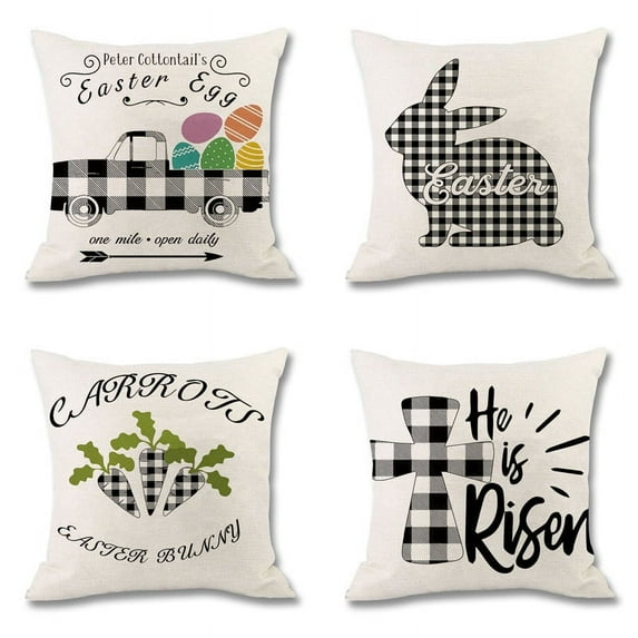 Set of 4 Happy Easter Bunny Throw Pillow Covers 18"x18", Cotton Linen Vintage Pillow Cushion Case for Spring Sofa Couch Home Indoor Outdoor Office Rabbit Carrot Truck Spring Easter Decor, Style 2