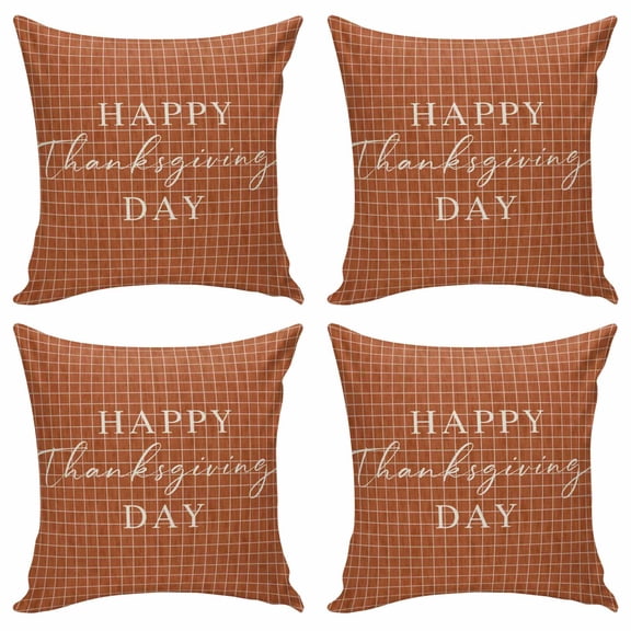 Set of 4 Happy Thanksgiving Pillow Covers 20x20 Inch, Rustic Script Striped Background Terracotta Decorative Throw Pillow Cases Cotton Cushion Covers for Sofa Couch Bed Living Room Bedroom Decor