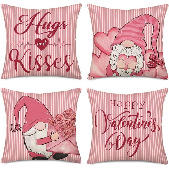 Set of 4 Happy Valentine‘s Day Pillow Covers 18x18 Inch Set of 4 Pink Stripes Hugs and Kisses with Gnomes Rose Flowers Envelope Love Heart Throw Pillow Cases Cotton Linen Cushion Cover