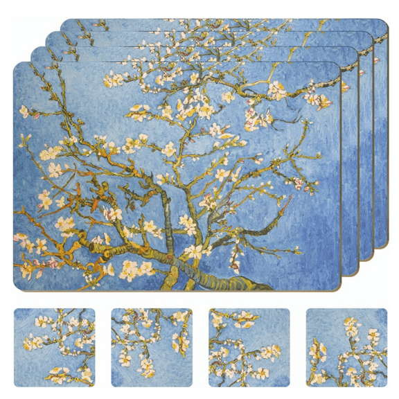 Set of 4 Heat Resistant Cork Placemats for Dining Table with Free Set of 4 Matching Drink Coasters Blue Botanical Design 16 x 12 Inches Cork Backed Hard Placemats (Almond Blossoms)