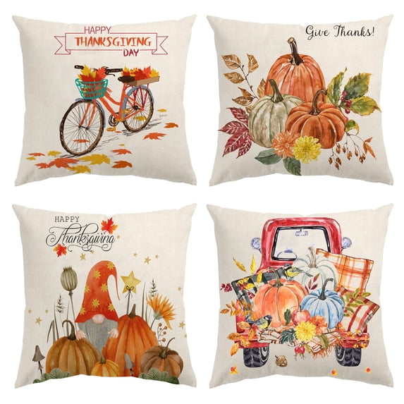 Set of 4 Hello Fall Throw Pillow Covers 18"x18", Thanksgiving Day Fall Decorations for Home, Truck Farm Gnomes Pumpkins Cotton Linen Pillow Covers Cushion Case Couch, Bed, Office