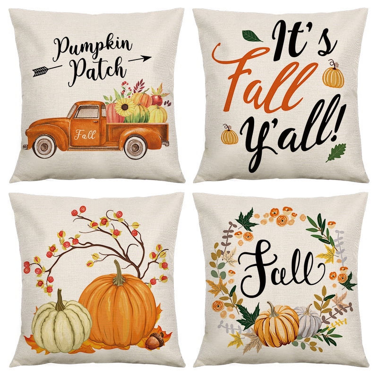 Set of 4 Hello Fall Throw Pillow Covers 18"x18", Thanksgiving Day Fall