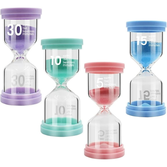 Set of 4 Hourglass Set Colour Children's Timer, Hourglass Colourful Hourglass Set, Egg Timers, 5/10/15/30 Minutes Glass Timer for Children Brushing Teeth Classroom Games.