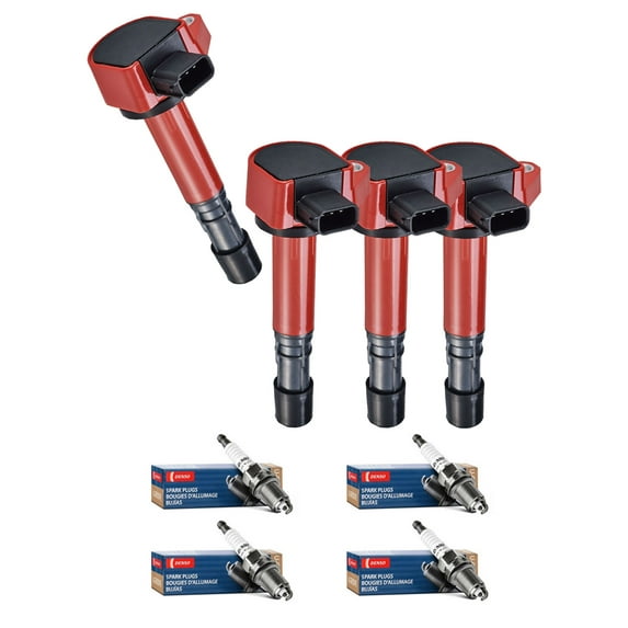 Set of 4 ISA Red Color Ignition Coils and 4 Denso Spark Plugs Compatible with 2008 Honda Ridgeline LX Crew Cab Pickup 4-Door 3.5L 3471CC V6 GAS SOHC Naturally Aspirated Replacement For UF400