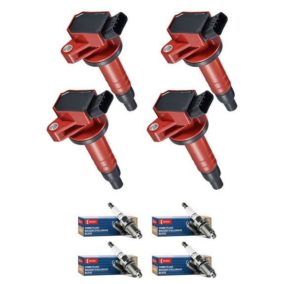 Set of 4 ISA Red Color Ignition Coils and 4 Denso Spark Plugs Compatible with 2000-2008 Toyota Corolla CE Sedan 4-Door 1.8L 1794CC l4 GAS DOHC Naturally Aspirated Replacement For UF247