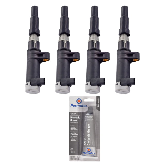 Set of 4 Ignition Coils and Permatex 22058 Dielectric TuneUp Grease Compatible with 20022006