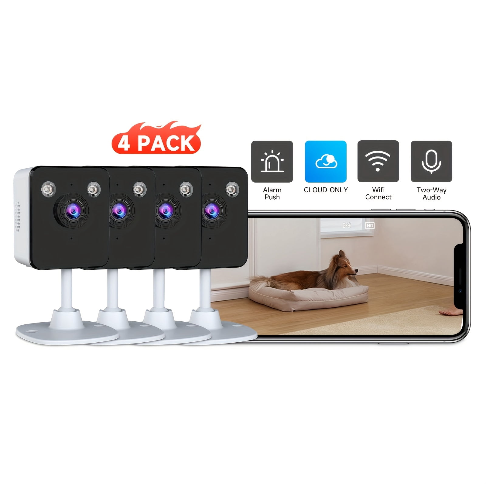 Set of 4 Indoor Cameras Featuring Motion Detection, Dual-Band Wifi, Baby Monitoring Capabilities, Night Vision, Two-Way Audio, And Siren. It Supports Cloud Storage And Up to 256GB SD Cards