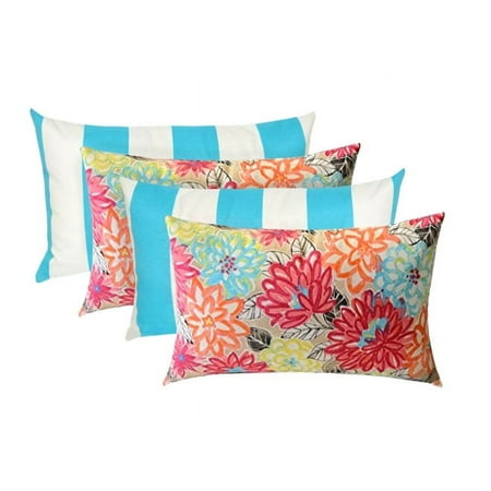 Set of 4 - Indoor/Outdoor Decorative Rectangle Lumbar Throw/Toss Pillows - Yellow, Orange, Blue, Pink Bright Artistic Floral & Cancun and White Stripe