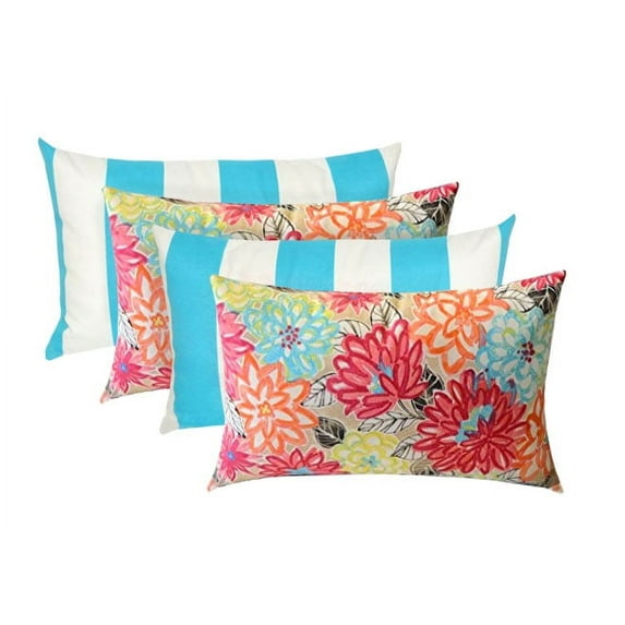Set of 4 - Indoor/Outdoor Decorative Rectangle Lumbar Throw/Toss Pillows - Yellow, Orange, Blue, Pink Bright Artistic Floral & Cancun and White Stripe